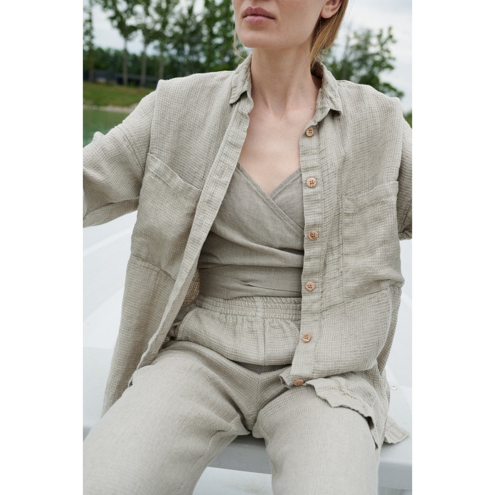 Linenfox Vika Waffle Linen Shirt in Natural Grey Tan Size S/M Minimalist Beach